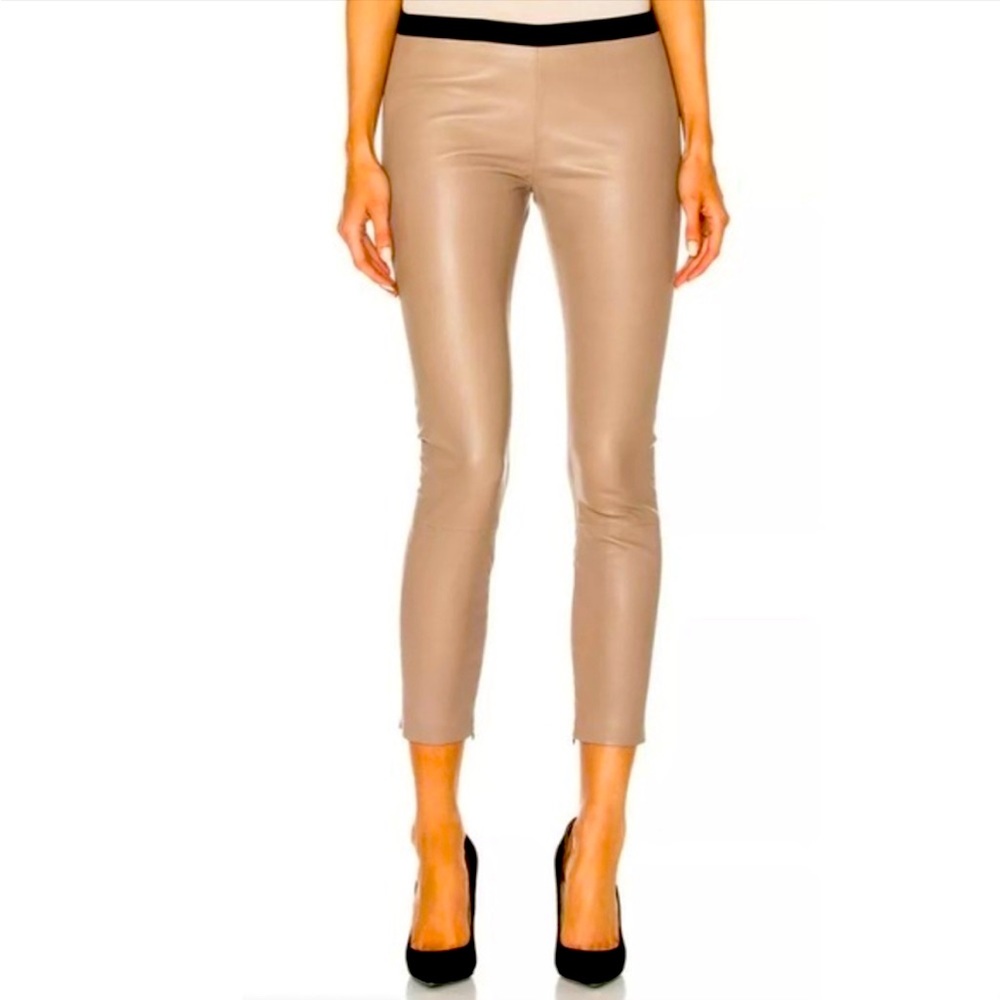 ThePerfext $995 Brittany Leather Pants dark tan /brown with black piping.